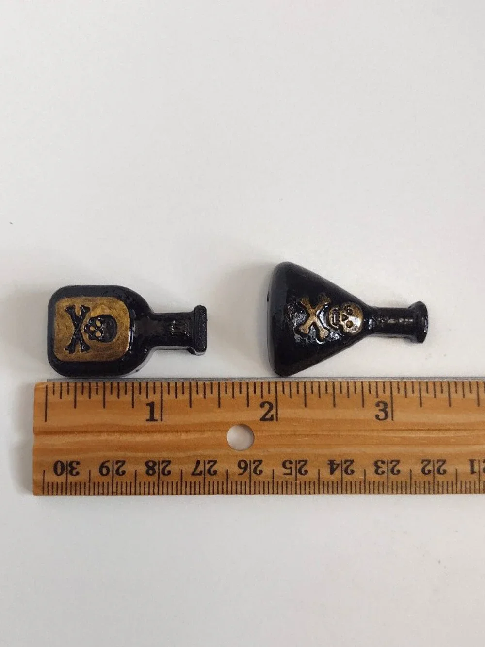 2 Black & Gold Gothic Halloween Apothecary Bottles, Skull & Crossbones Flat-back